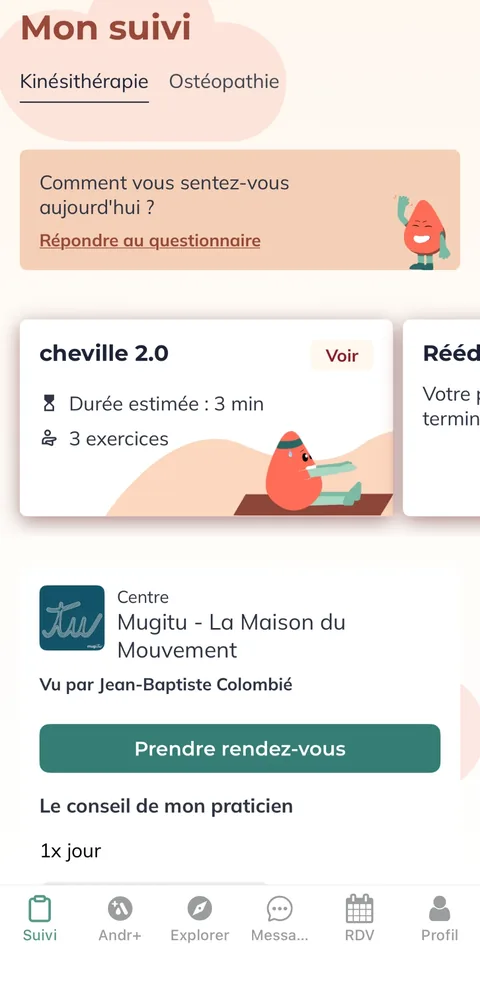 Application Andrew côté patient&nbsp;: suivi, programme d'exercices et conseil du praticien