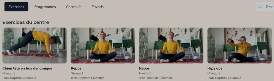 Bibliothèque d'exercices en vidéo de l'application Andrew, côté praticien